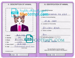 Namibia cat (animal, pet) passport PSD template, fully editable