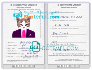 Netherlands cat (animal, pet) passport PSD template, fully editable