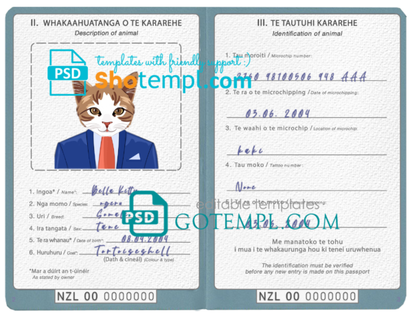 New Zealand cat (animal, pet) passport PSD template, fully editable