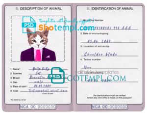 Nigeria cat (animal, pet) passport PSD template, fully editable