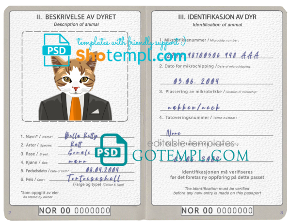 Norway cat (animal, pet) passport PSD template, fully editable