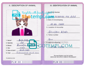 Palau cat (animal, pet) passport PSD template, fully editable