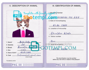 Papua New Guinea cat (animal, pet) passport PSD template, fully editable