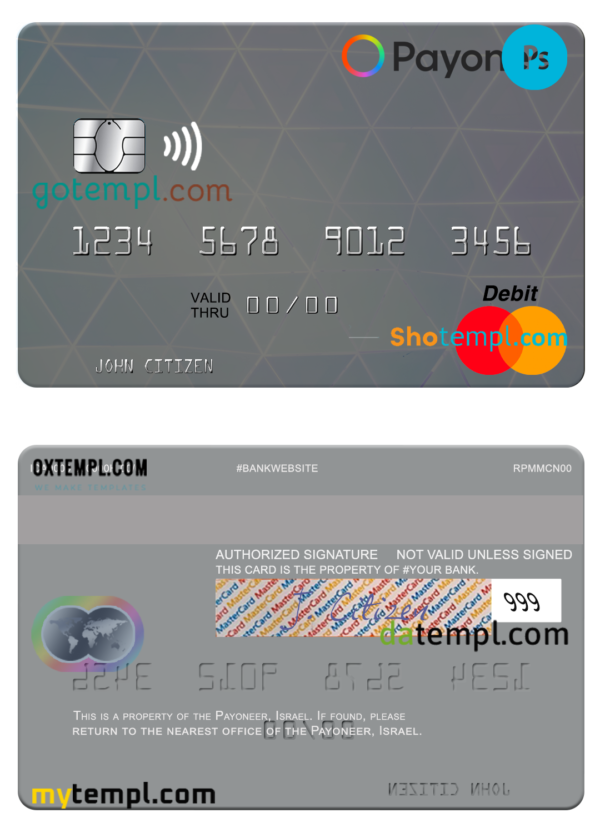 USA Payoneer mastercard credit card PSD template