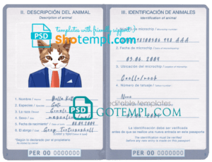 Peru cat (animal, pet) passport PSD template, completely editable