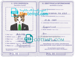 Poland cat (animal, pet) passport PSD template, fully editable