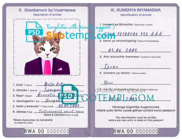 Rwanda cat (animal, pet) passport PSD template, fully editable