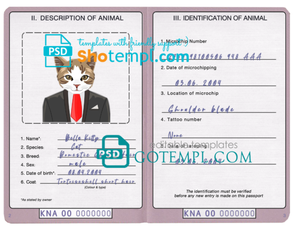 Saint Kitts and Nevis cat (animal, pet) passport PSD template, fully editable