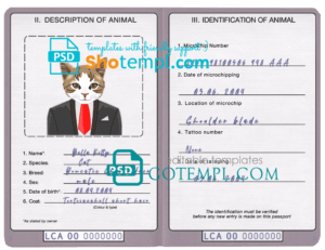 Saint Lucia cat (animal, pet) passport PSD template, completely editable