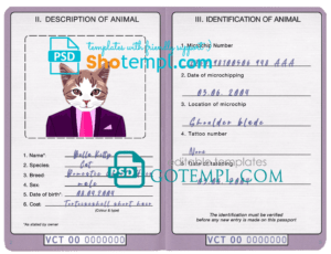 Saint Vincent and the Grenadines cat (animal, pet) passport PSD template, fully editable