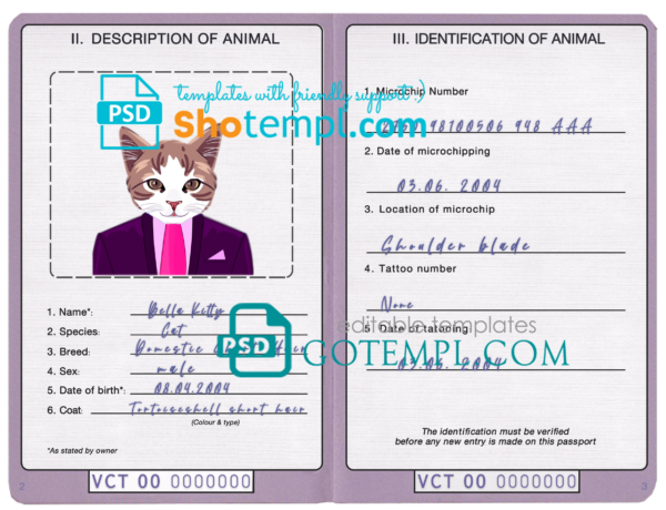 Saint Vincent and the Grenadines cat (animal, pet) passport PSD template, fully editable
