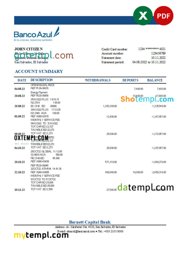 Salvador Banco Azul bank statement Excel and PDF template