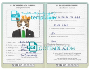 Samoa cat (animal, pet) passport PSD template, completely editable