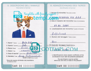 San Marino cat (animal, pet) passport PSD template, fully editable