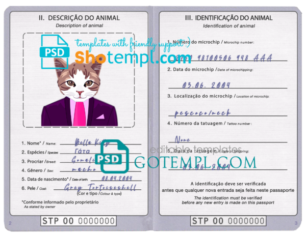 São Tomé and Príncipe cat (animal, pet) passport PSD template, fully editable