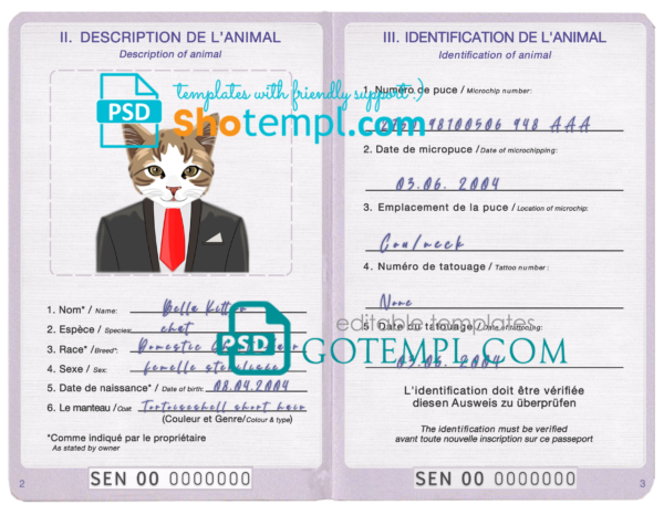 Senegal cat (animal, pet) passport PSD template, fully editable