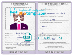 Serbia cat (animal, pet) passport PSD template, completely editable