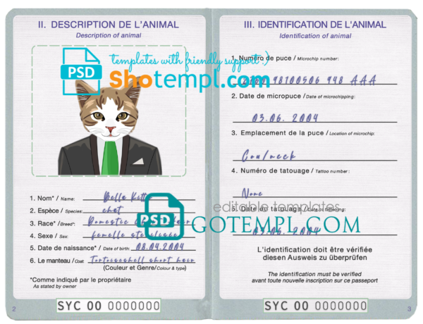 Seychellas cat (animal, pet) passport PSD template, fully editable