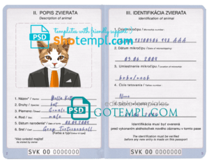 Slovakia cat (animal, pet) passport PSD template, fully editable