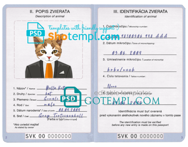 Slovakia cat (animal, pet) passport PSD template, fully editable