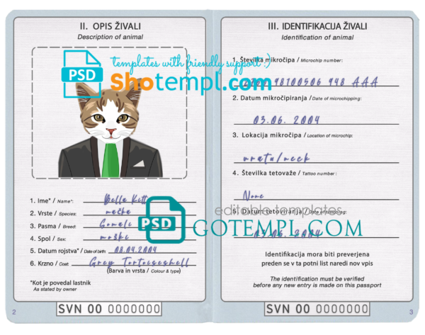 Slovenia cat (animal, pet) passport PSD template, fully editable