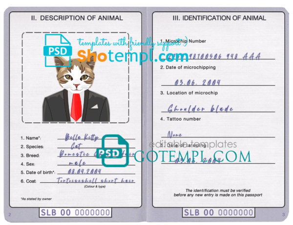 Solomon Islands cat (animal, pet) passport PSD template, fully editable