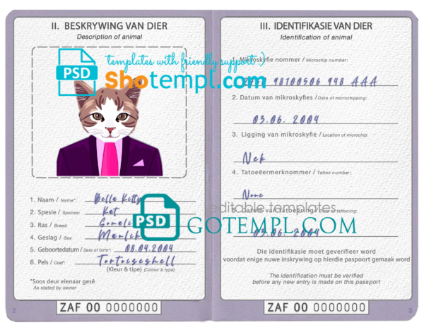 South Africa cat (animal, pet) passport PSD template, fully editable
