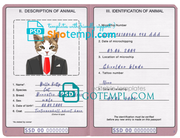 South Sudan cat (animal, pet) passport PSD template, fully editable