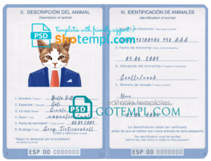 Spain cat (animal, pet) passport PSD template, completely editable