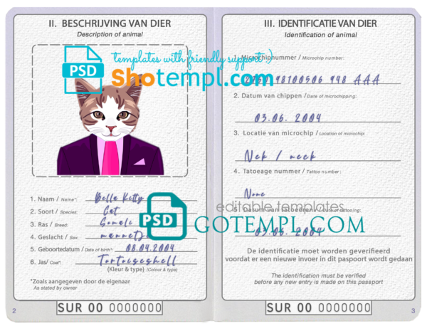 Suriname cat (animal, pet) passport PSD template, fully editable