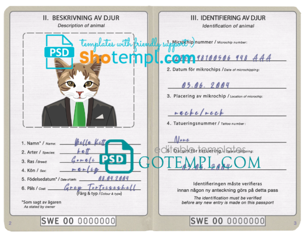 Sweden cat (animal, pet) passport PSD template, completely editable