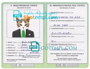 Switzerland cat (animal, pet) passport PSD template, fully editable
