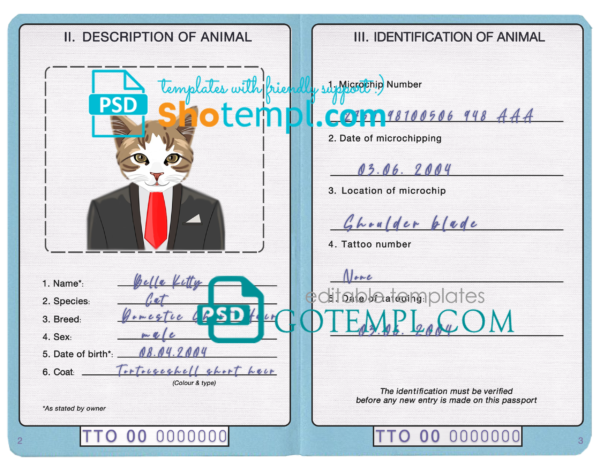 Trinidad and Tobago cat (animal, pet) passport PSD template, fully editable