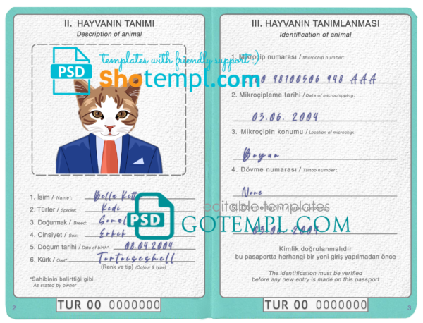 Turkey cat (animal, pet) passport PSD template, completely editable