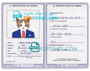 United Kingdom cat (animal, pet) passport PSD template, fully editable