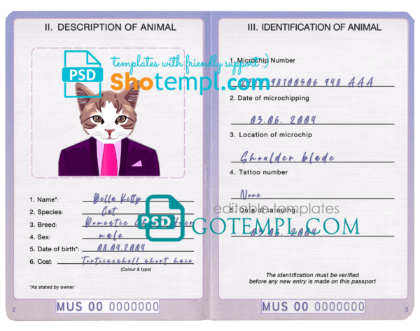 United States of America cat (animal, pet) passport PSD template, fully editable