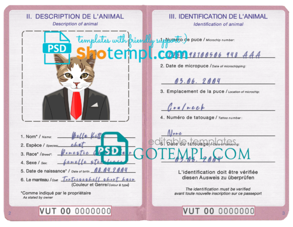 Vanuatu cat (animal, pet) passport PSD template, completely editable