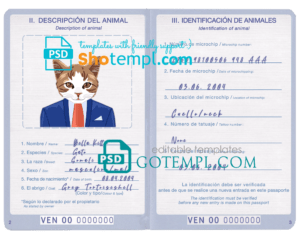 Venezuela cat (animal, pet) passport PSD template, fully editable