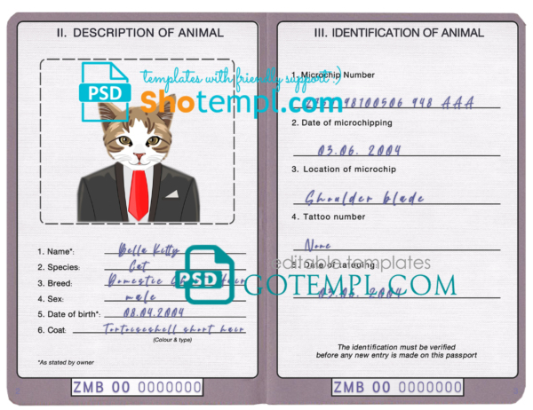 Zambia cat (animal, pet) passport PSD template, fully editable