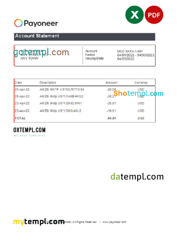 USA Payoneer account statement Excel and PDF template