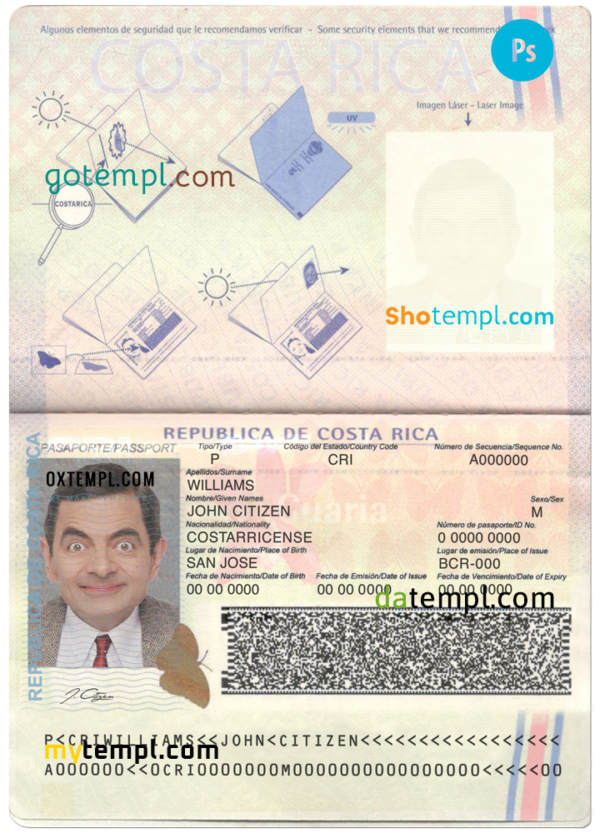 Costa Rica passport template in PSD format, fully editable