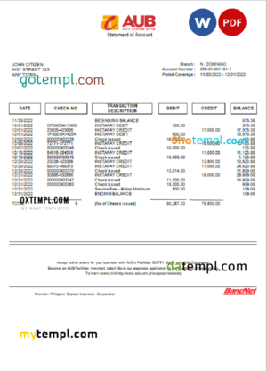Philippines Asia United Bank (AUB) account statement Word and PDF template