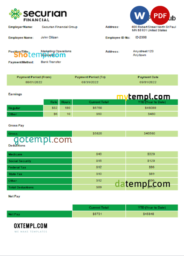 USA insurance company employee sheet template in Word and PDF format