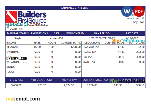 USA building materials earning statement template in Word and PDF format