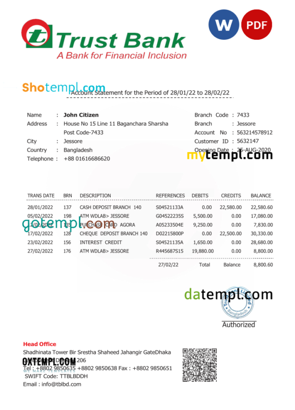 Bangladesh Trust bank statement Word and PDF template