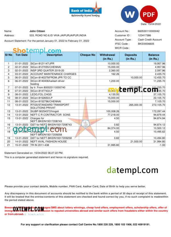 India Bank of India bank statement Word and PDF template