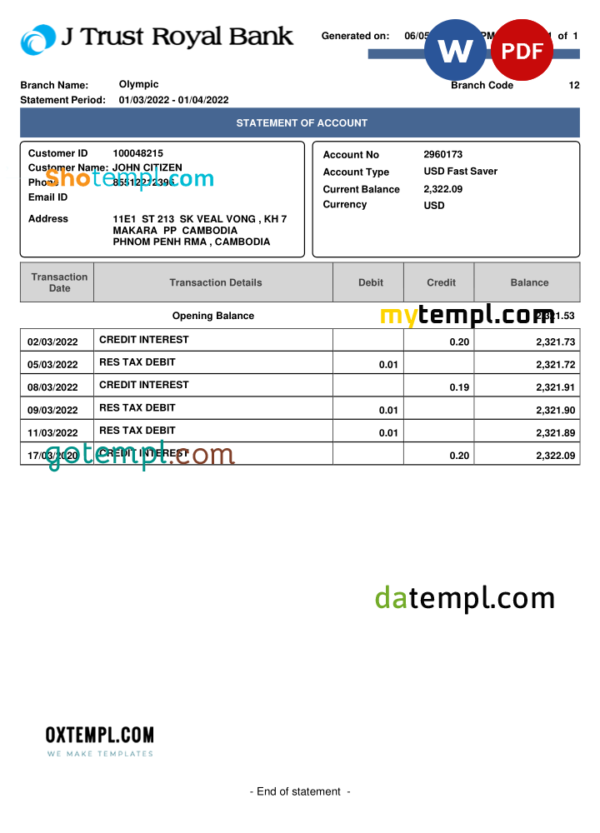 Cambodia J Trust Royal bank statement Word and PDF template