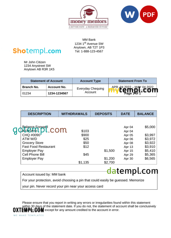 Canada Money Mentors (MM) bank statement Word and PDF template