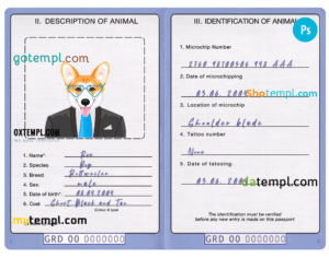 Grenada dog (animal, pet) passport PSD template, fully editable