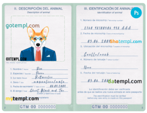 Guatemala dog (animal, pet) passport PSD template, fully editable